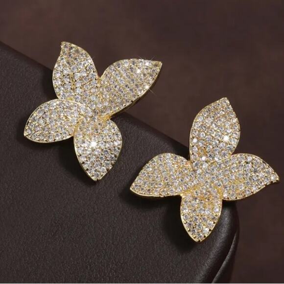 Gold Zircon Flower Pave Earrings Floral Luxury - Picture 2 of 4
